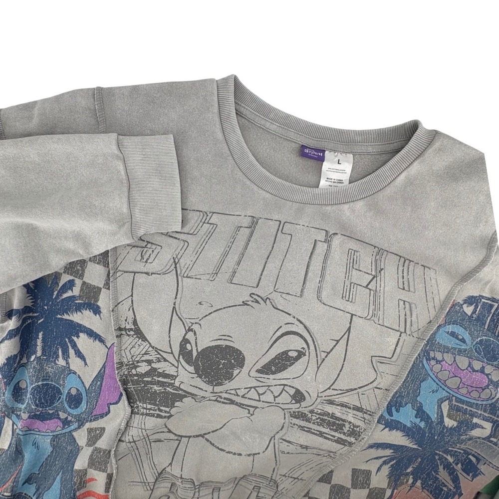 Disney Stitch 626 Mens Graphic Sweatshirt Gray Paneled Crewneck Pullover Large